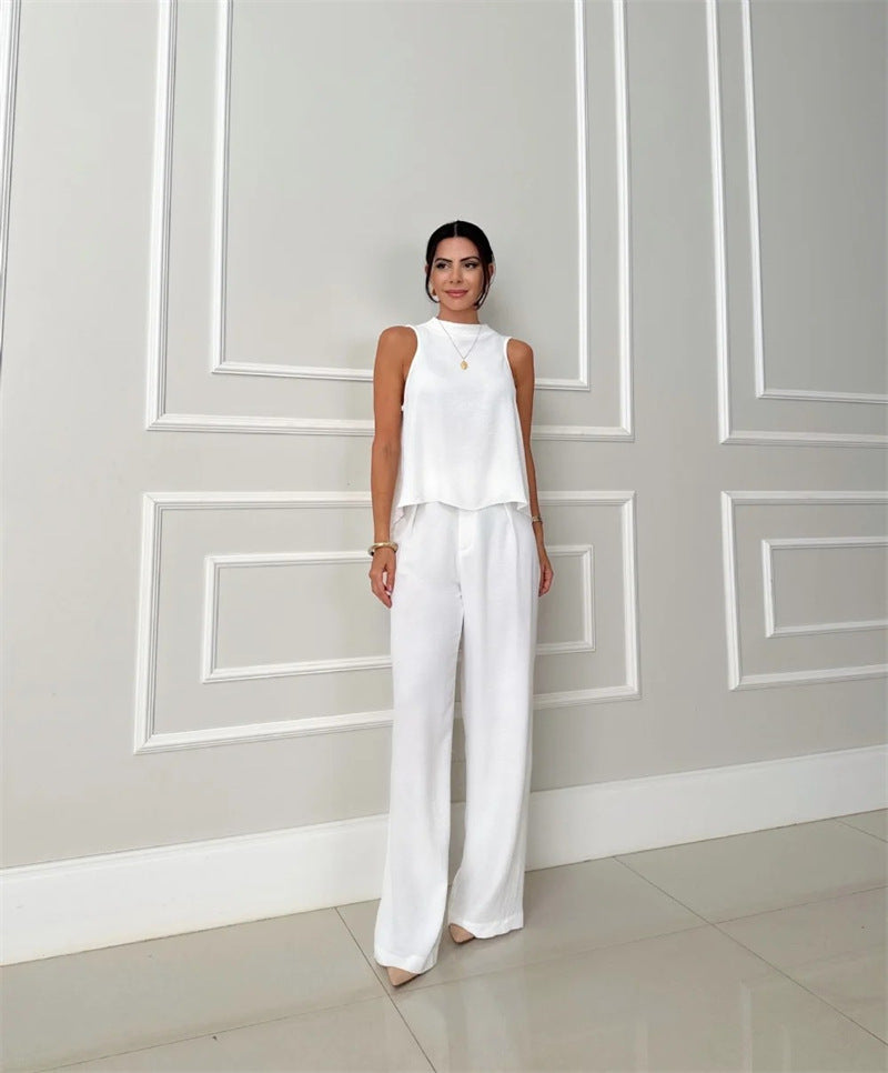 Women Clothing Loose Sleeveless Top Wide Leg Casual Pants Solid Color Two Piece Sets - ALTARIA