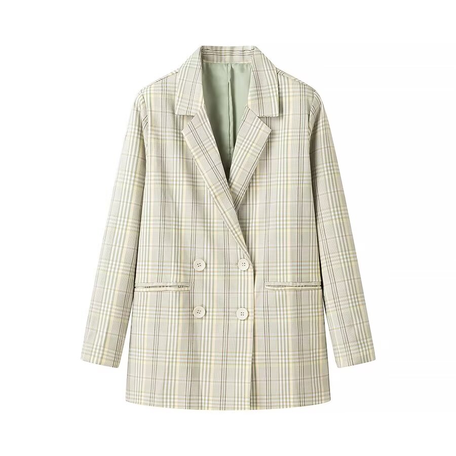 Women Clothing Autumn Winter Loose Fresh Green Plaid Blazer - ALTARIA