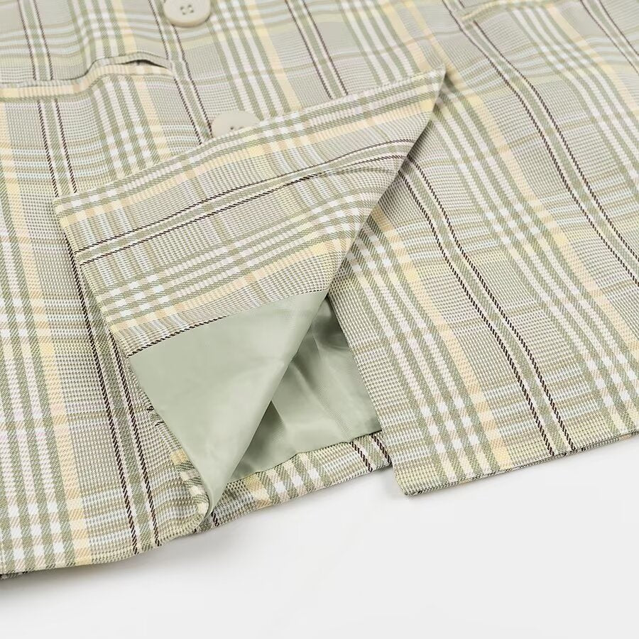 Women Clothing Autumn Winter Loose Fresh Green Plaid Blazer - ALTARIA