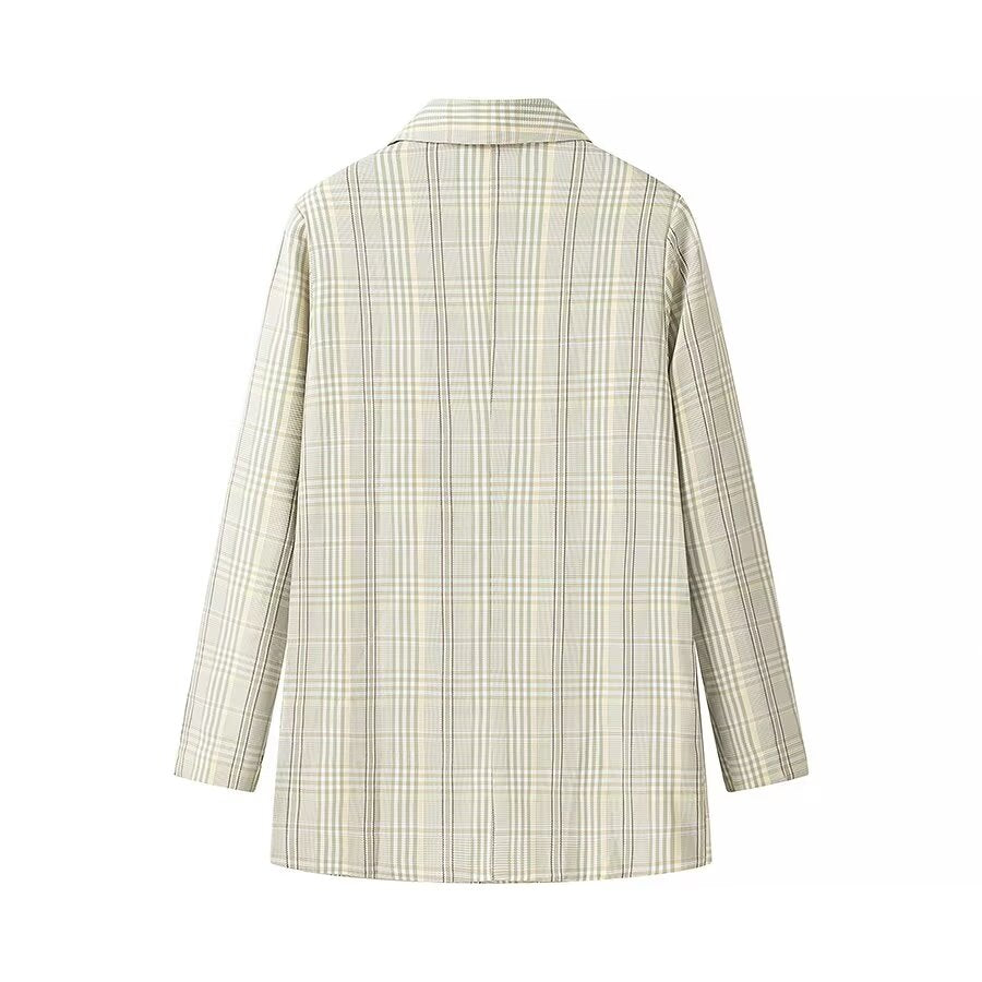 Women Clothing Autumn Winter Loose Fresh Green Plaid Blazer - ALTARIA