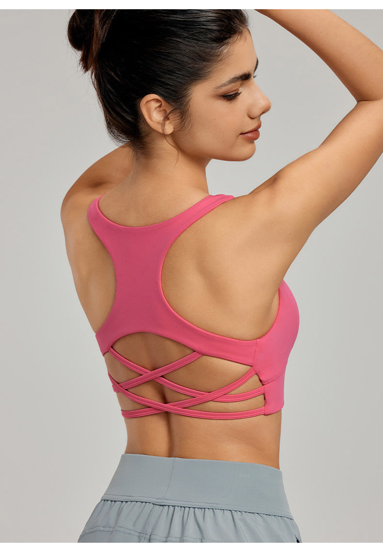 Sexy Crossover Back Beautifying Workout Bra Sports Vest with Chest Pad Non Running Cup Breathable Yoga Vest Top - ALTARIA