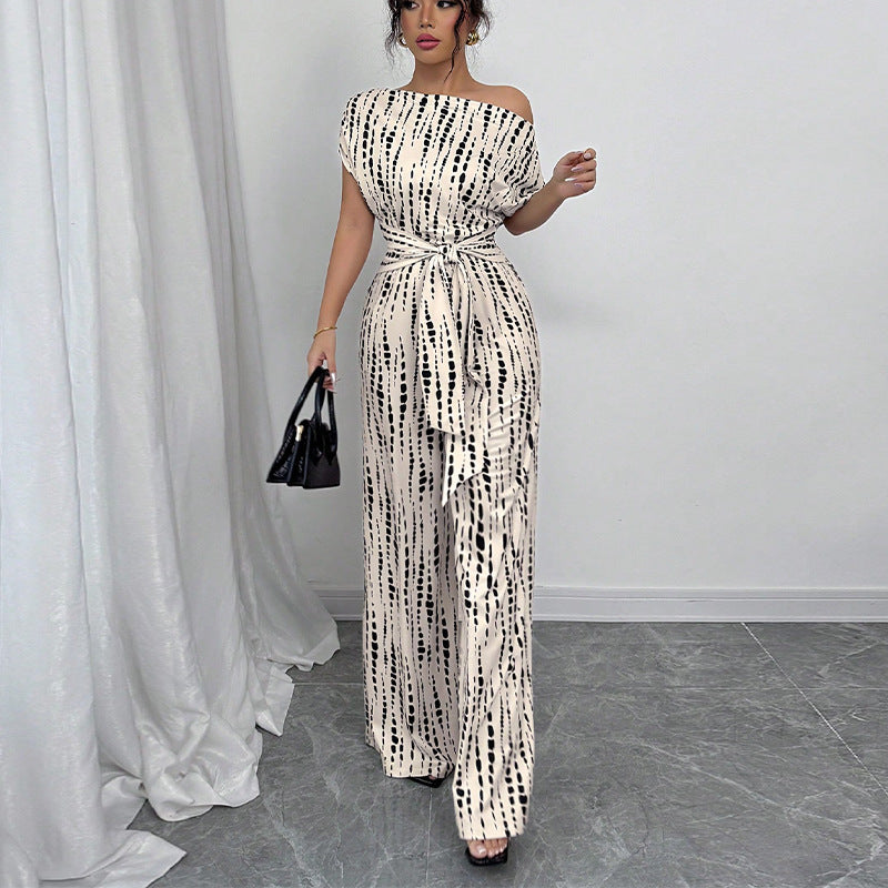Striped Jumpsuit Summer Vacation Oblique Shoulder Strap Jumpsuit Wide Leg Trousers - ALTARIA