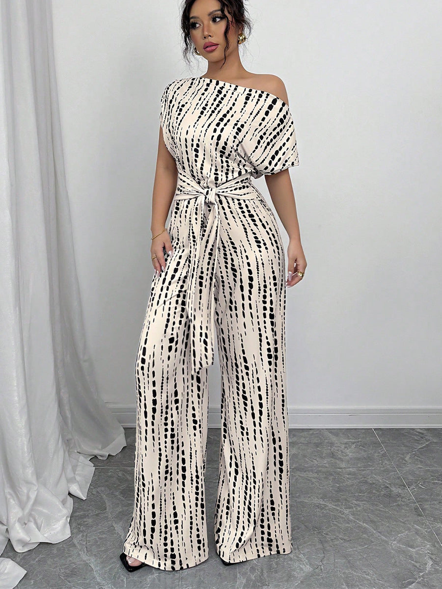 Striped Jumpsuit Summer Vacation Oblique Shoulder Strap Jumpsuit Wide Leg Trousers - ALTARIA