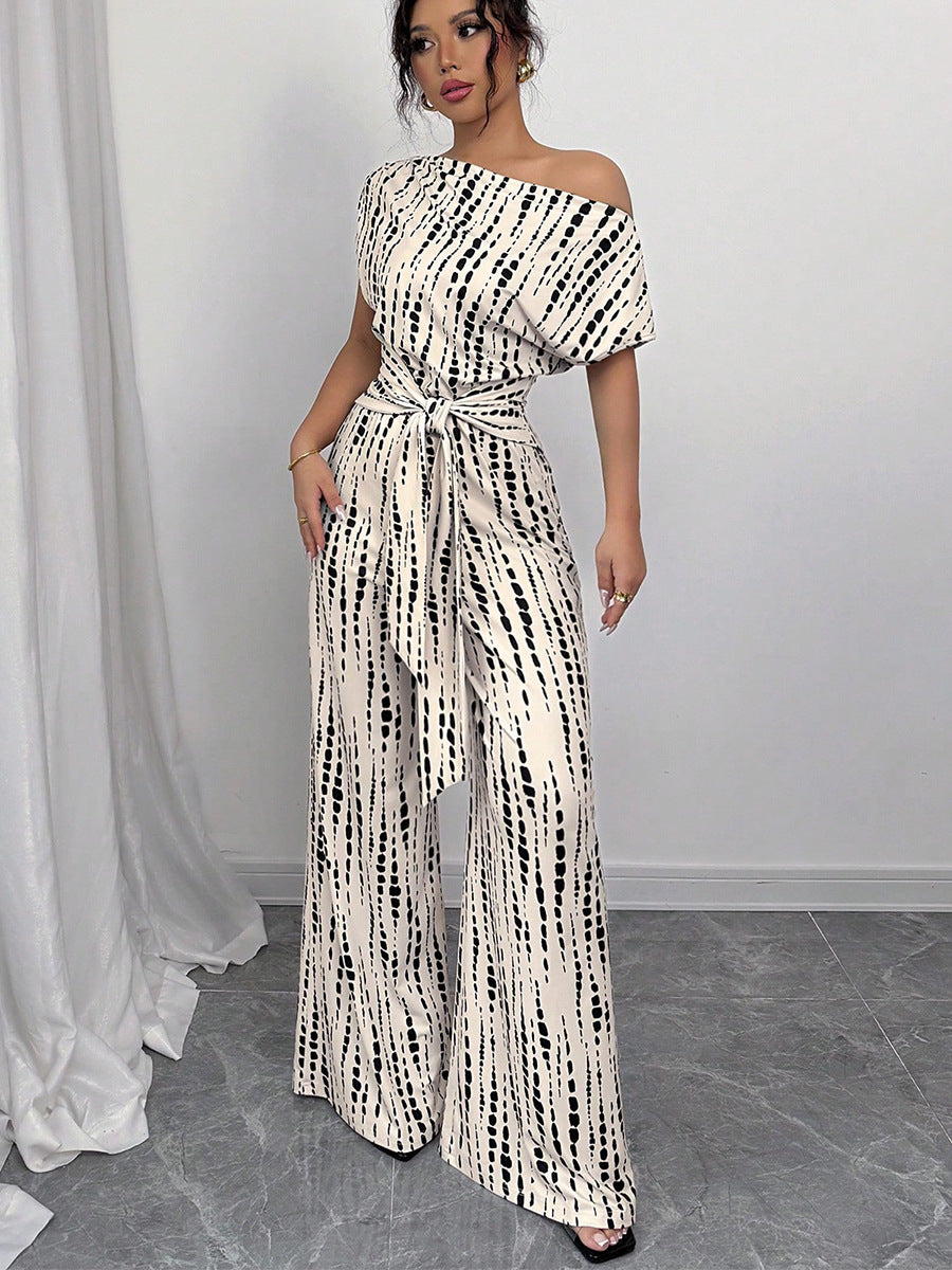 Striped Jumpsuit Summer Vacation Oblique Shoulder Strap Jumpsuit Wide Leg Trousers - ALTARIA