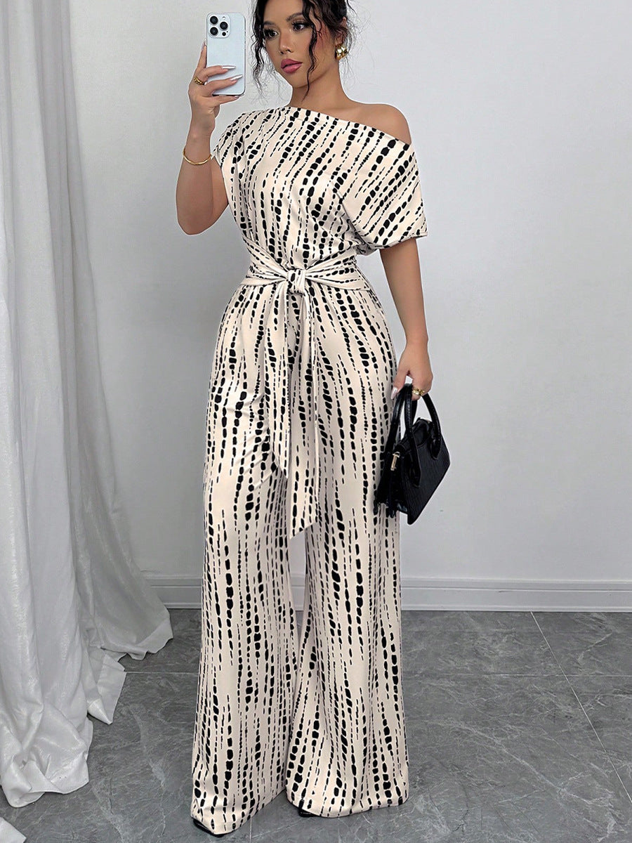 Striped Jumpsuit Summer Vacation Oblique Shoulder Strap Jumpsuit Wide Leg Trousers - ALTARIA
