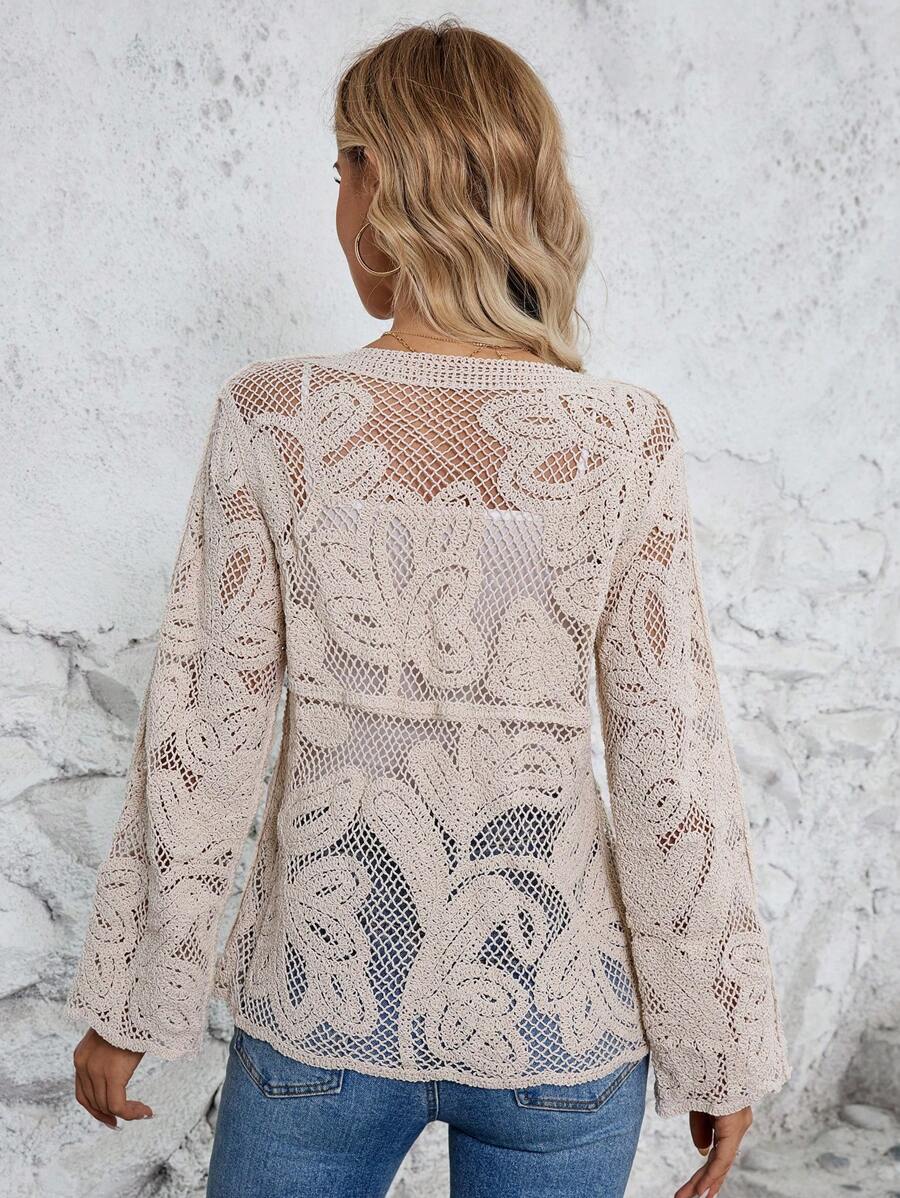 Women Spring And Autumn Hollow Hook Weave Crewneck Long Sleeves Cardigan - ALTARIA