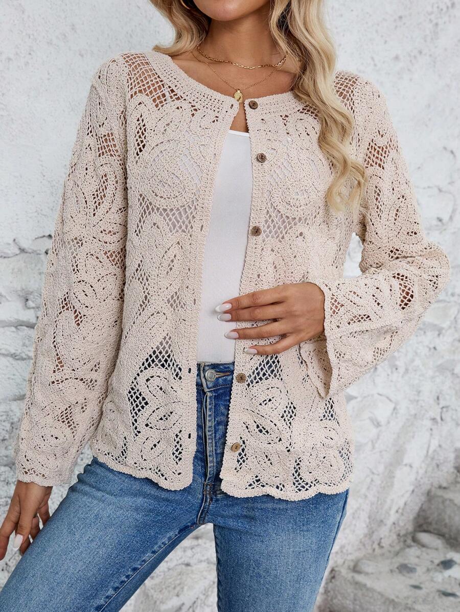 Women Spring And Autumn Hollow Hook Weave Crewneck Long Sleeves Cardigan - ALTARIA