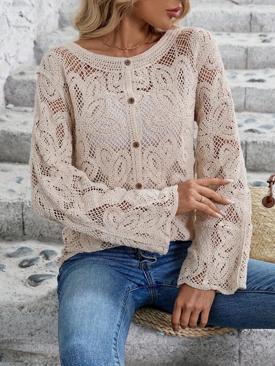 Women Spring And Autumn Hollow Hook Weave Crewneck Long Sleeves Cardigan - ALTARIA