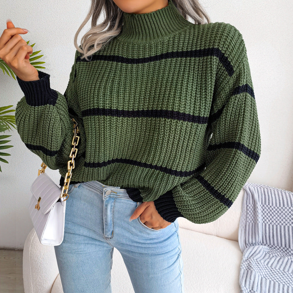 Autumn Winter Casual Striped Lantern Sleeve Half Turtleneck Knitted Sweater Women Clothing - ALTARIA