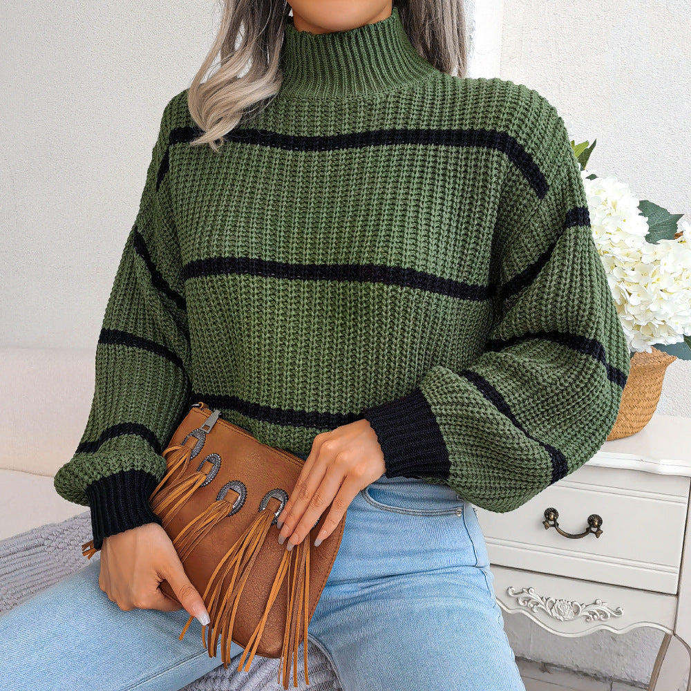 Autumn Winter Casual Striped Lantern Sleeve Half Turtleneck Knitted Sweater Women Clothing - ALTARIA