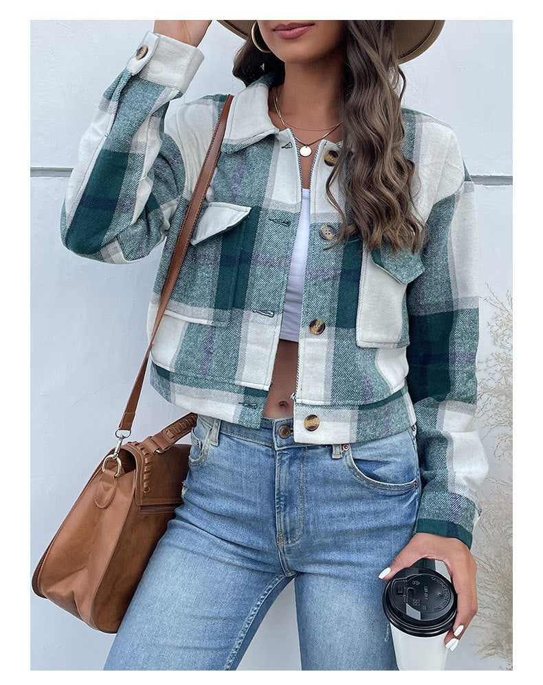 Autumn Winter Women Clothing Plaid Long Sleeve Shacket - ALTARIA