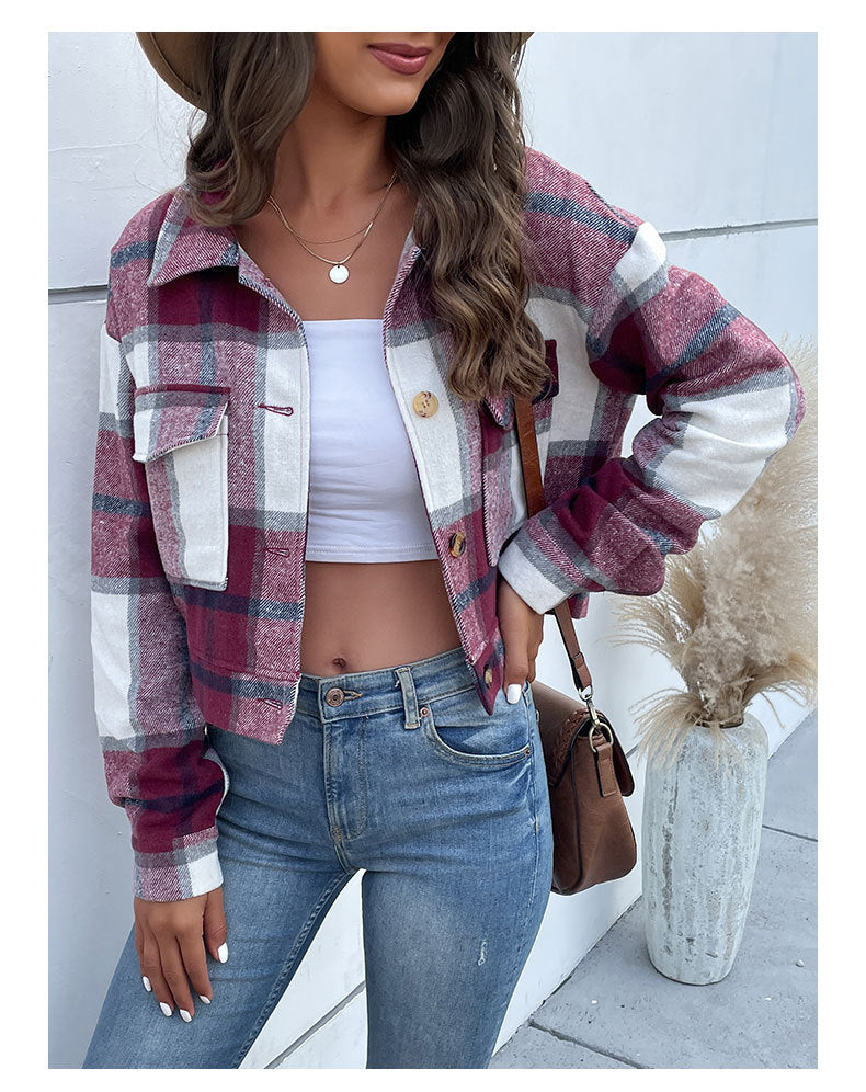Autumn Winter Women Clothing Plaid Long Sleeve Shacket - ALTARIA