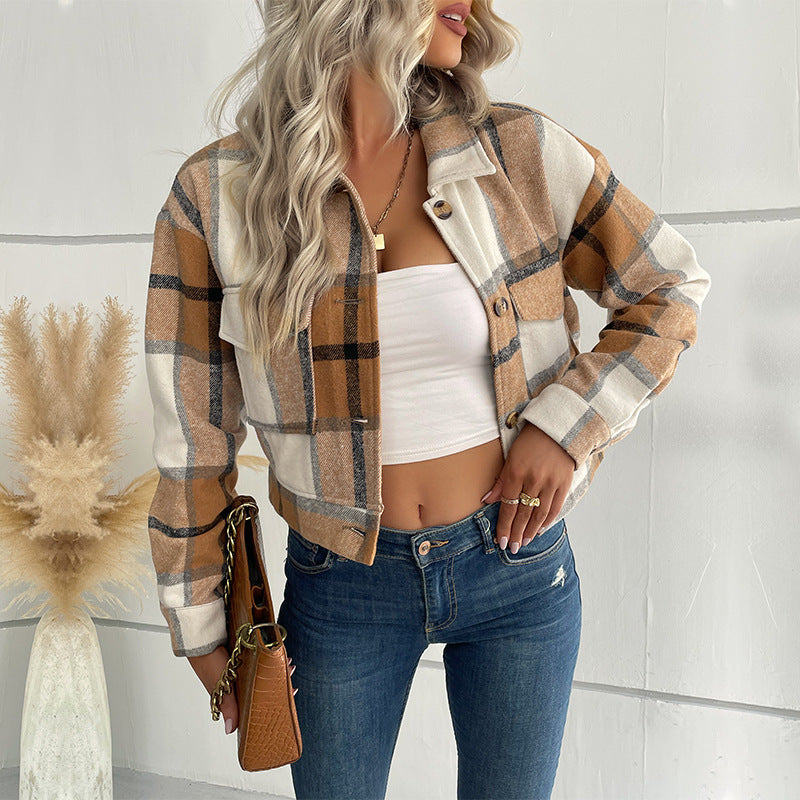 Autumn Winter Women Clothing Plaid Long Sleeve Shacket - ALTARIA