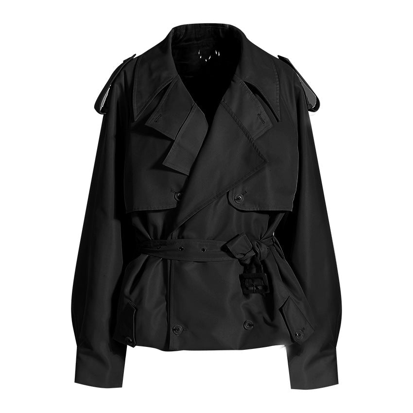 French Coat Autumn Simple Handsome Workwear Loose Large Profile Double Breasted Short Lace up Waist Trimming Trench Coat Tide - ALTARIA