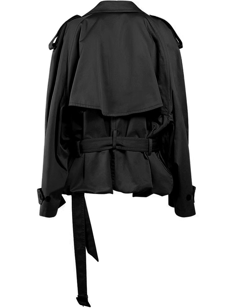 French Coat Autumn Simple Handsome Workwear Loose Large Profile Double Breasted Short Lace up Waist Trimming Trench Coat Tide - ALTARIA