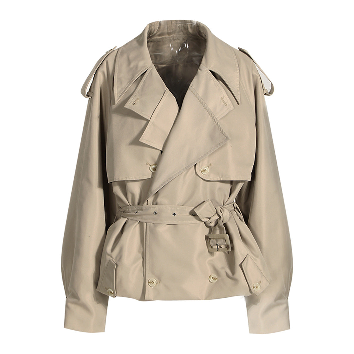 French Coat Autumn Simple Handsome Workwear Loose Large Profile Double Breasted Short Lace up Waist Trimming Trench Coat Tide - ALTARIA