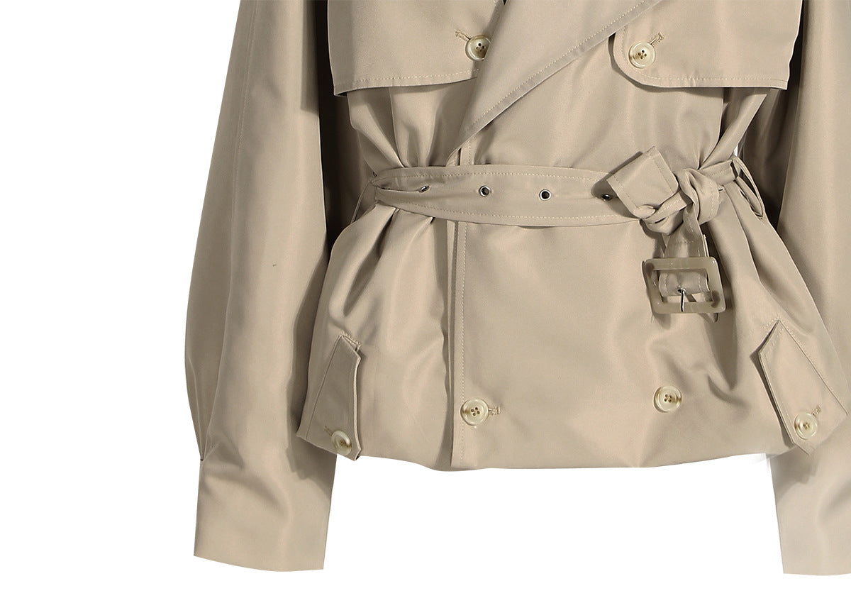 French Coat Autumn Simple Handsome Workwear Loose Large Profile Double Breasted Short Lace up Waist Trimming Trench Coat Tide - ALTARIA