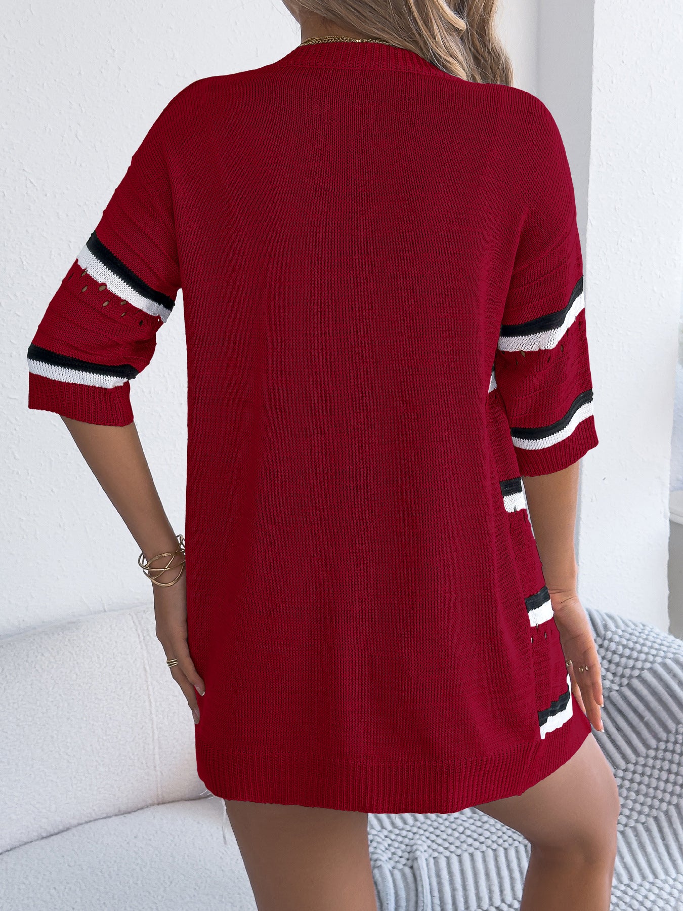 Spring Summer Casual Striped Hollow Out Cutout Half Sleeved Knitwear Holiday Cardigan Women Clothing - ALTARIA