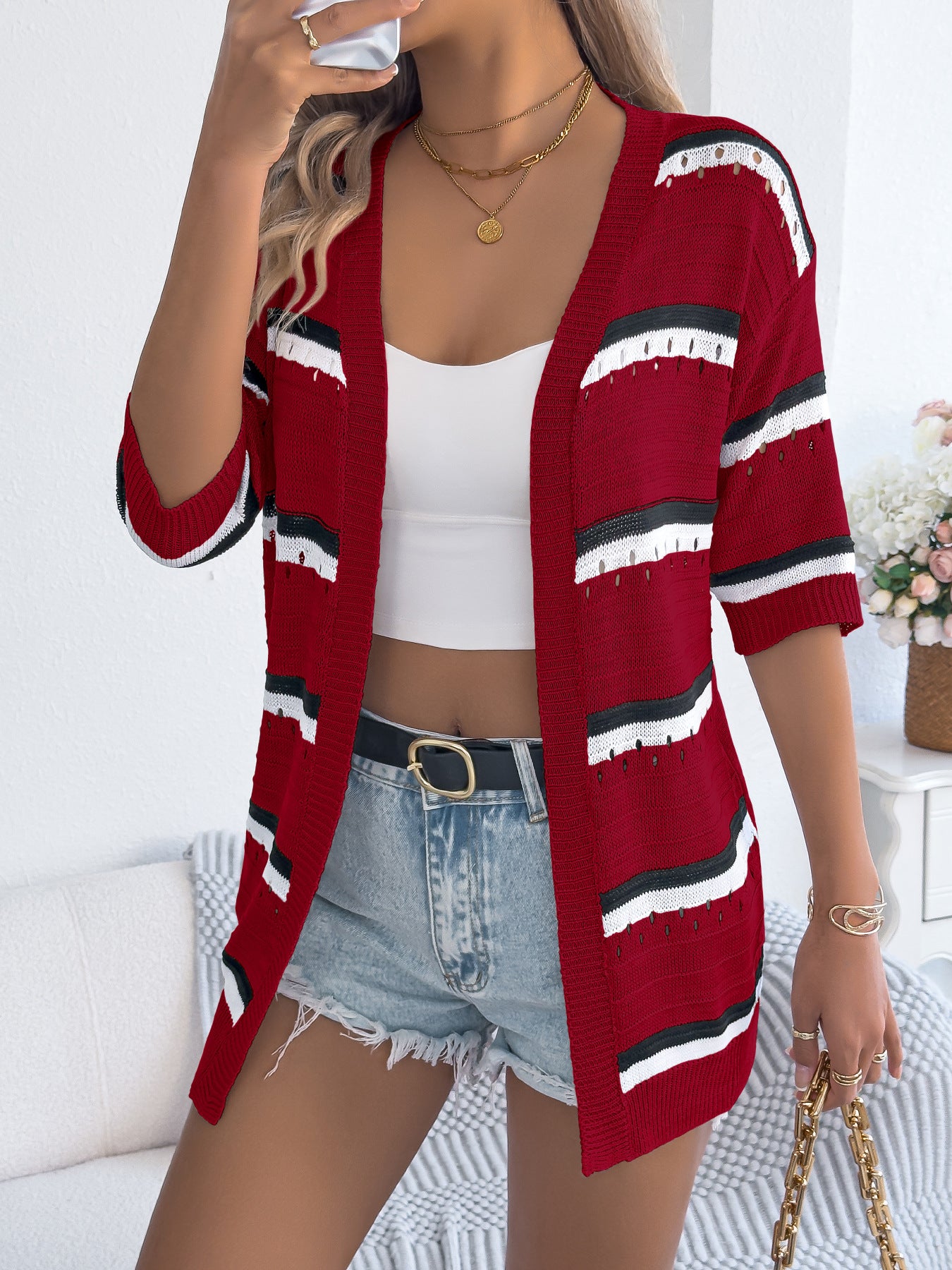Spring Summer Casual Striped Hollow Out Cutout Half Sleeved Knitwear Holiday Cardigan Women Clothing - ALTARIA