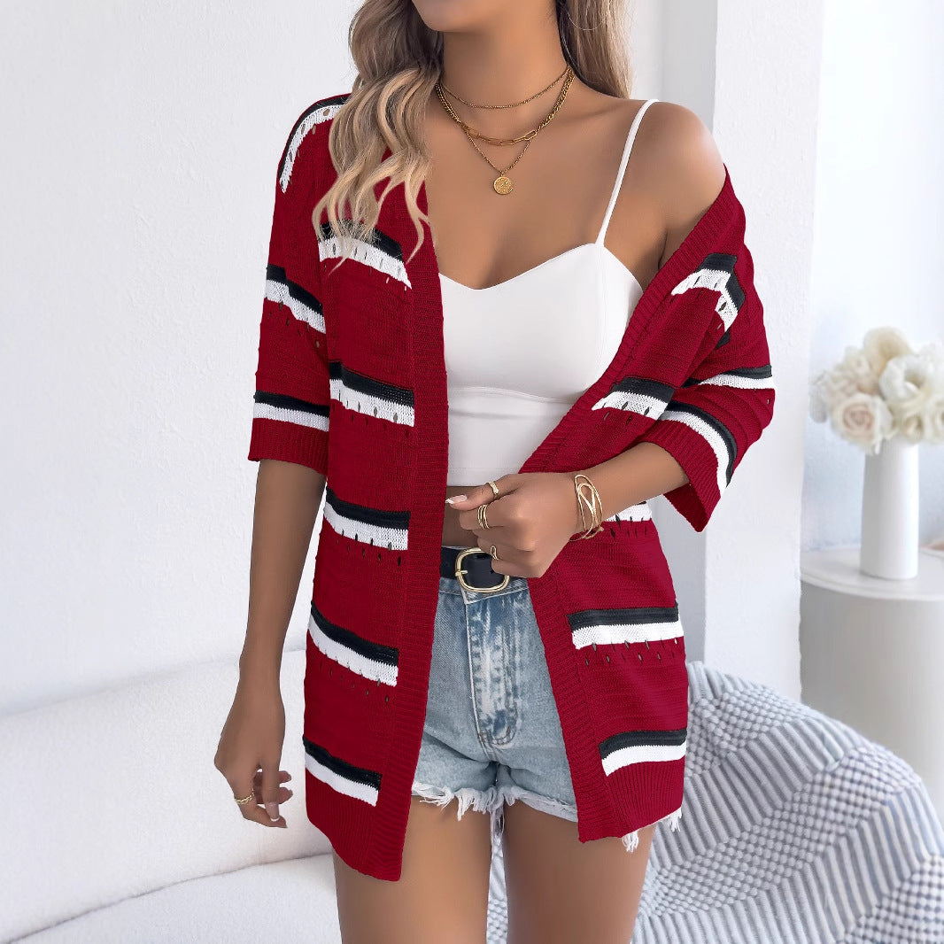 Spring Summer Casual Striped Hollow Out Cutout Half Sleeved Knitwear Holiday Cardigan Women Clothing - ALTARIA