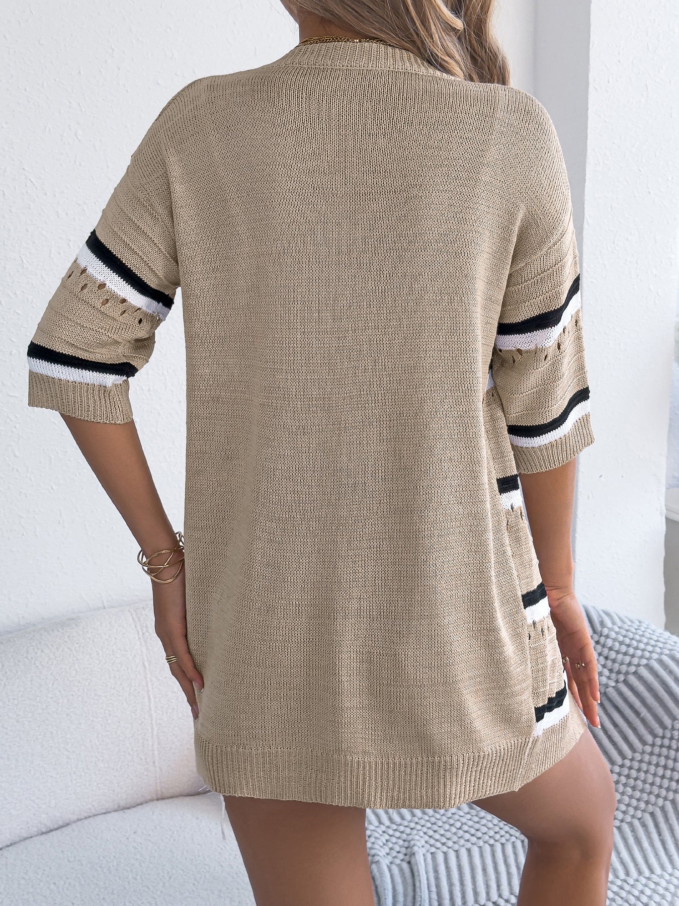 Spring Summer Casual Striped Hollow Out Cutout Half Sleeved Knitwear Holiday Cardigan Women Clothing - ALTARIA