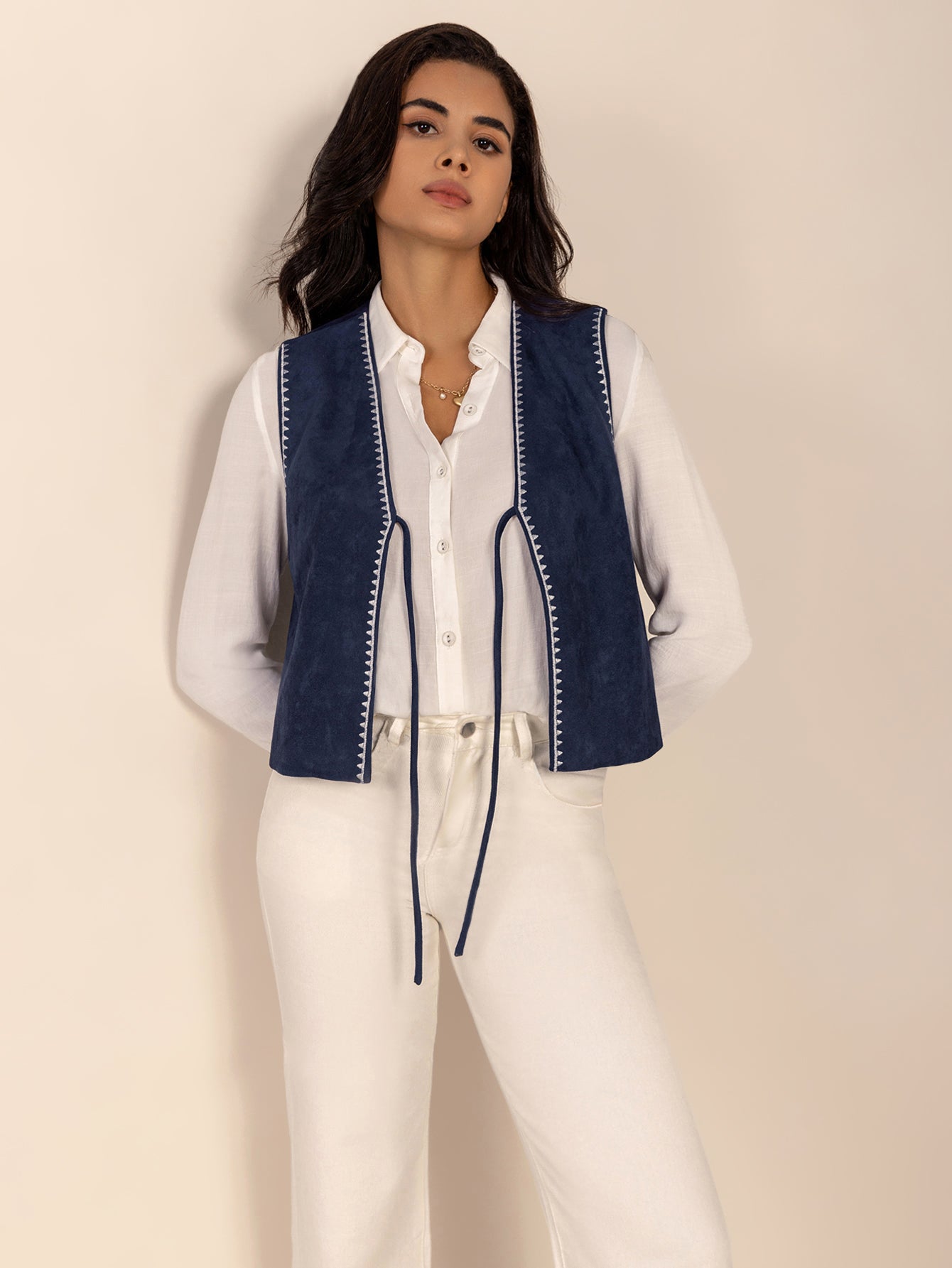 Women Casual Blue Casual Lace Embroidered Lace Vest Coat - ALTARIA