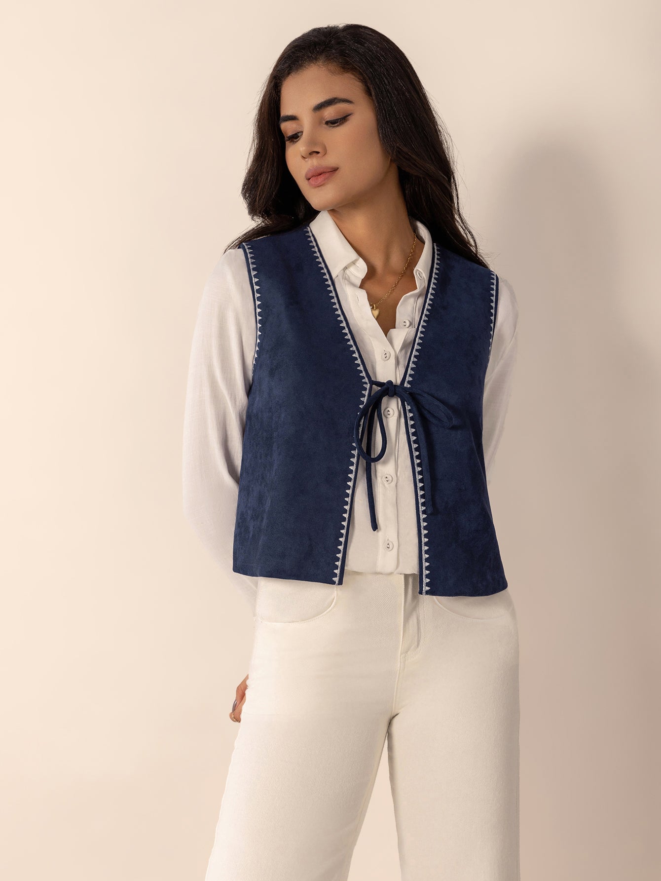 Women Casual Blue Casual Lace Embroidered Lace Vest Coat - ALTARIA