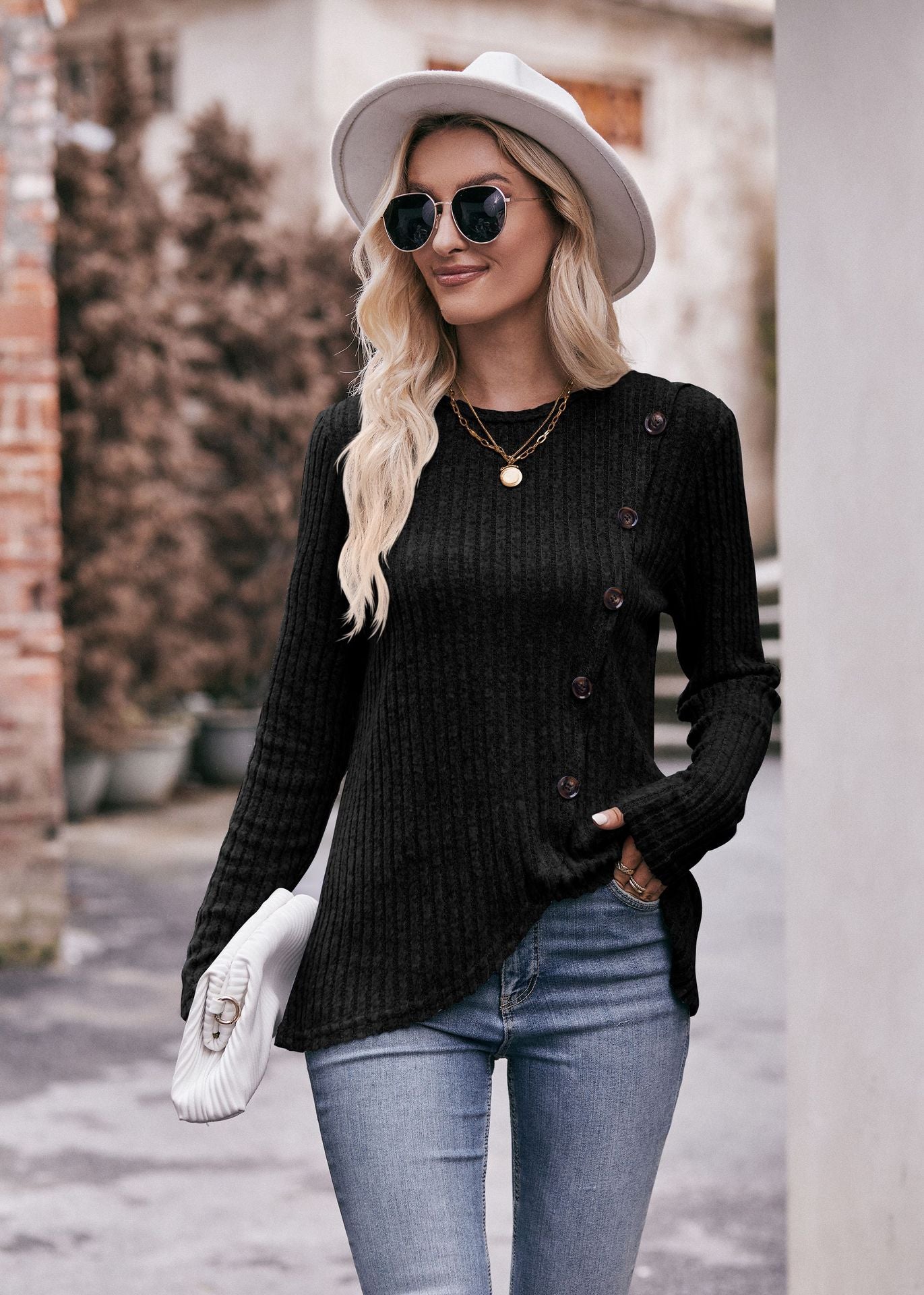 Women round-Neck Sunken Stripe Brushed Tulip Hem Solid Color Button T-shirt - ALTARIA