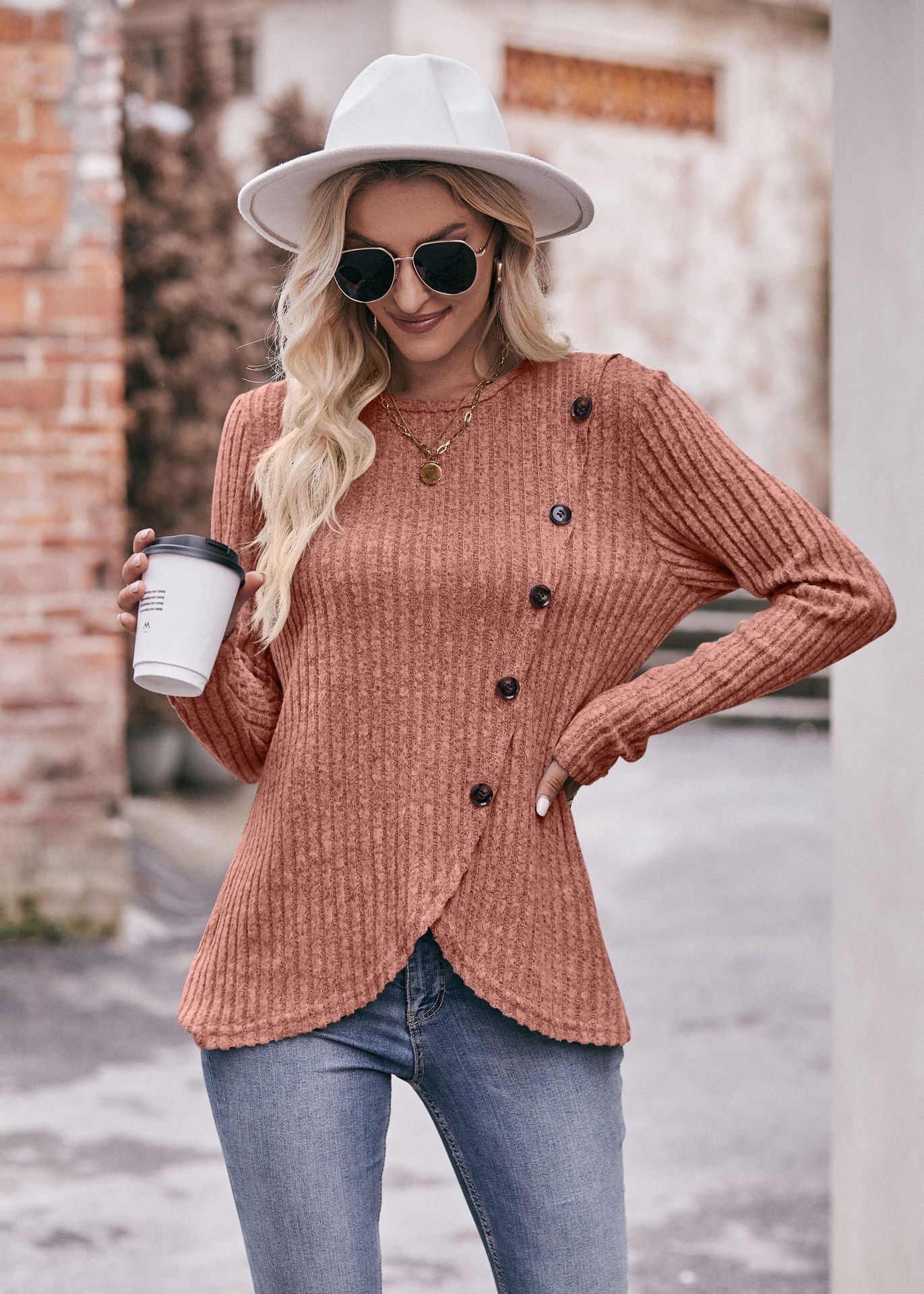 Women round-Neck Sunken Stripe Brushed Tulip Hem Solid Color Button T-shirt - ALTARIA