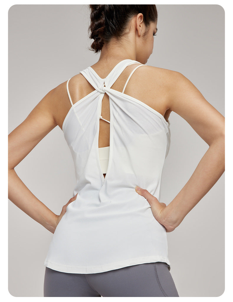 Sexy A line Sleeveless Blouse Cross Beauty Back Yoga Clothing Top Loose Long Running Fitness Clothes - ALTARIA
