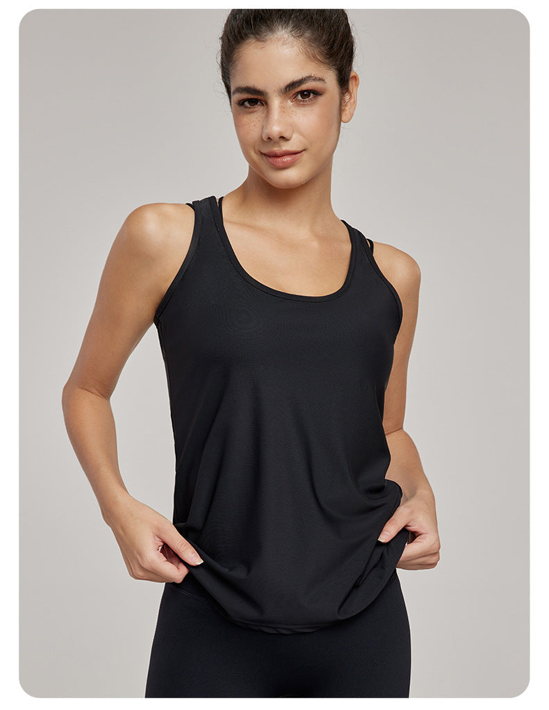 Sexy A line Sleeveless Blouse Cross Beauty Back Yoga Clothing Top Loose Long Running Fitness Clothes - ALTARIA