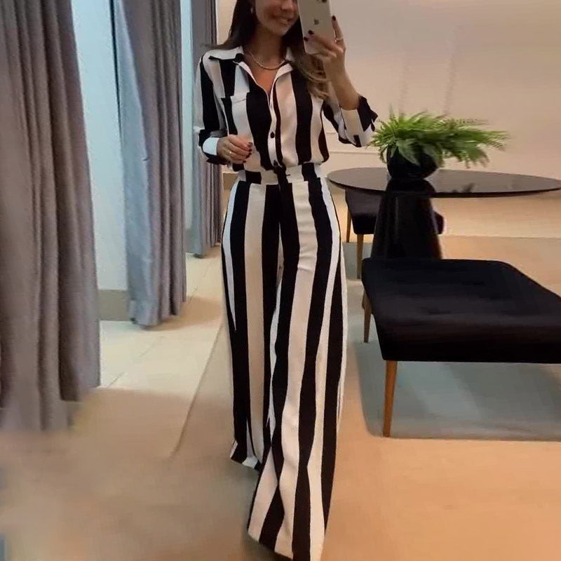 Autumn Casual Black White Striped Button Pocket Design Shirt Wide Leg Pants Two Piece Sets - ALTARIA