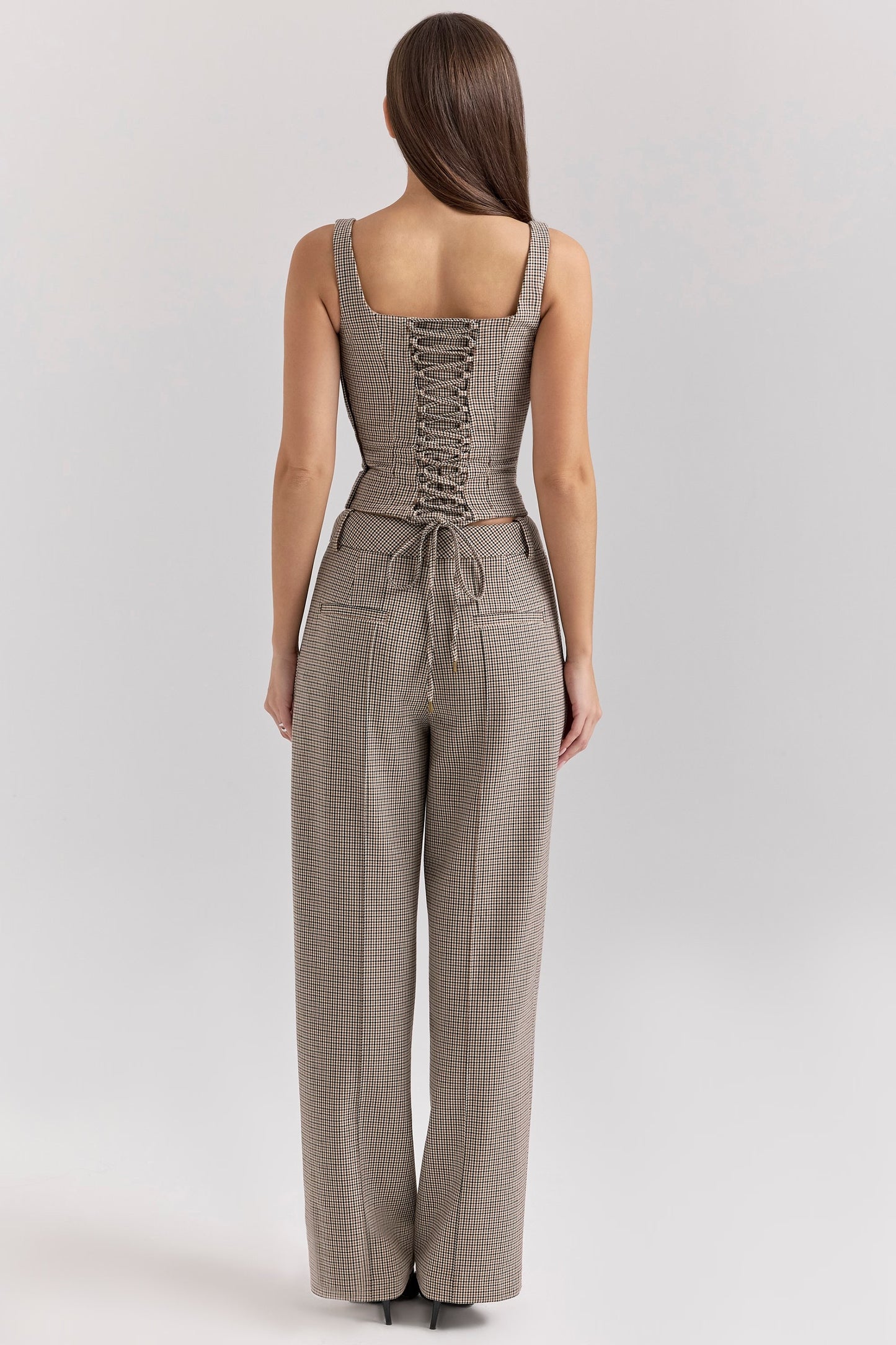 Houndstooth Pattern Two Piece Sets Sexy Slim Fit Backless Vest Mid Waist Casual Trousers - ALTARIA