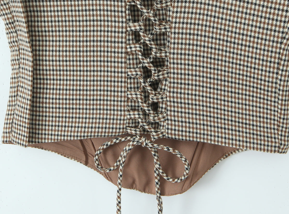 Houndstooth Pattern Two Piece Sets Sexy Slim Fit Backless Vest Mid Waist Casual Trousers - ALTARIA