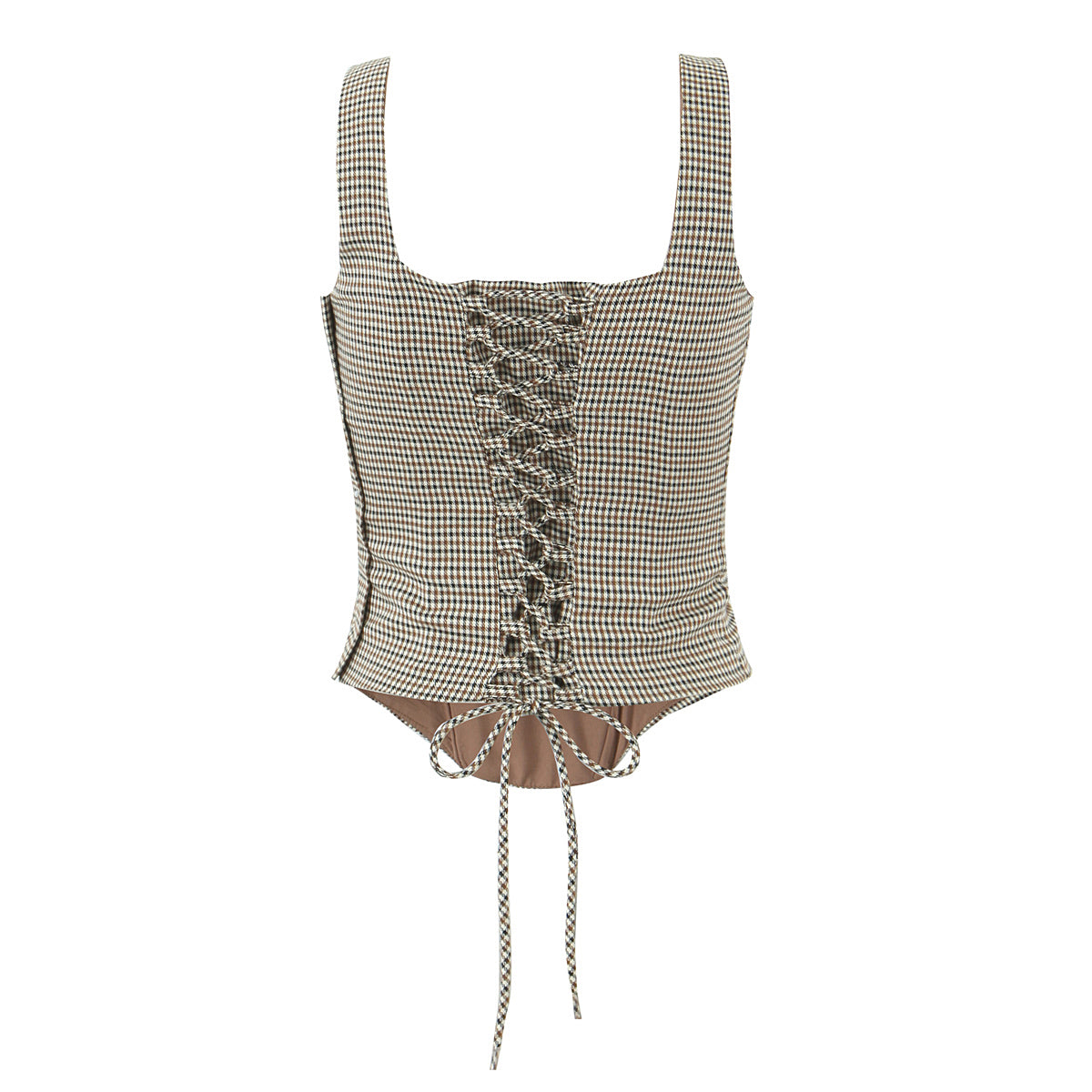 Houndstooth Pattern Two Piece Sets Sexy Slim Fit Backless Vest Mid Waist Casual Trousers - ALTARIA