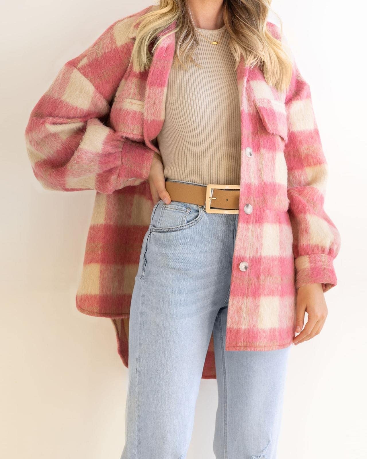 Winter Women Clothing Plaid Large Pocket Coarse Wool Coat - ALTARIA