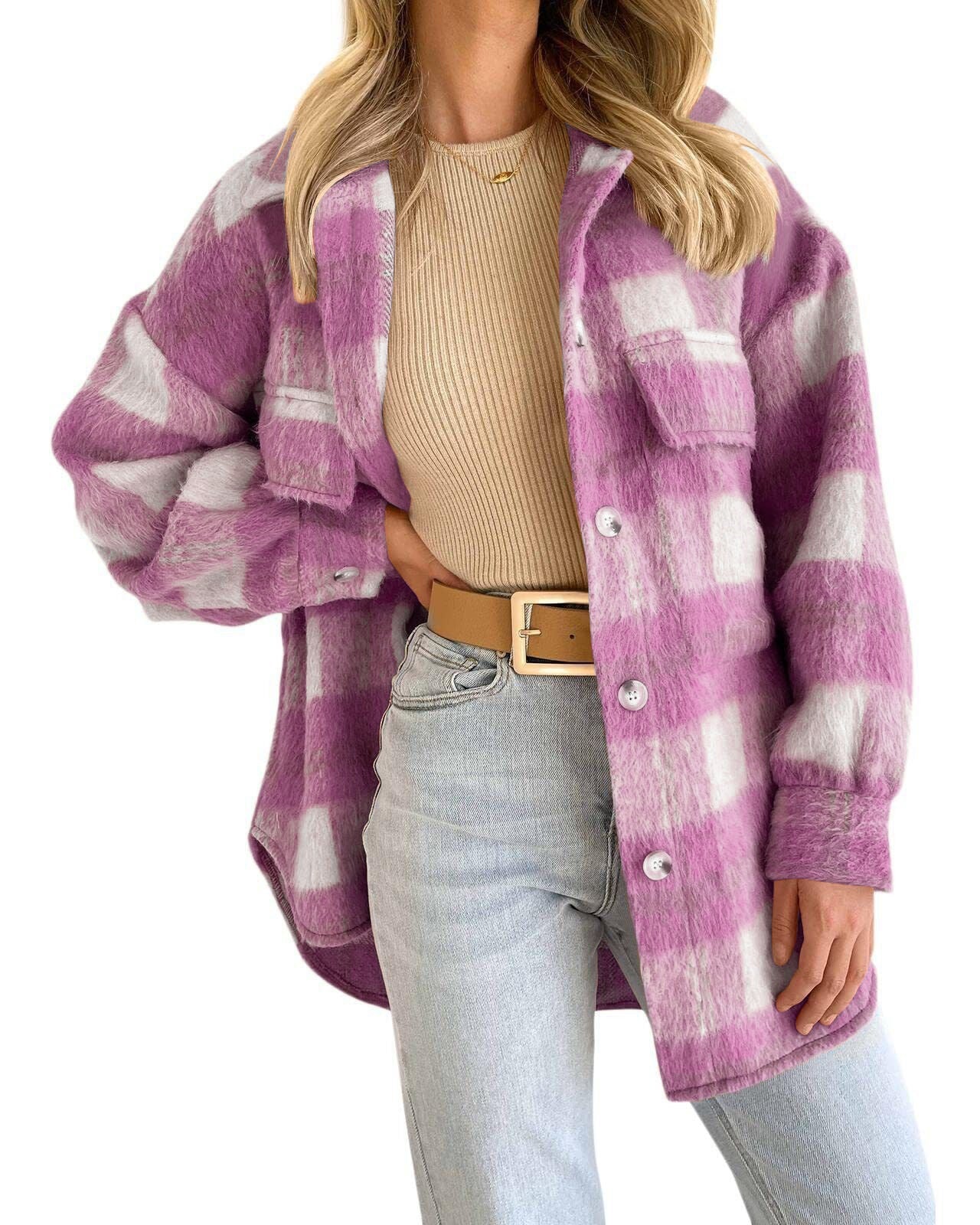 Winter Women Clothing Plaid Large Pocket Coarse Wool Coat - ALTARIA