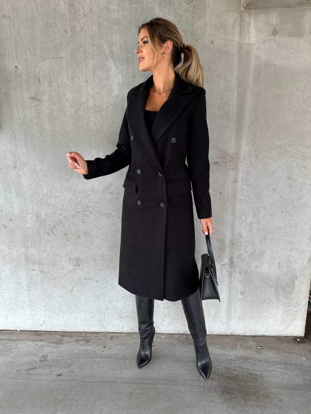 Autumn And Winter Simple Long Sleeve Double Row Button Woolen Coat Women - ALTARIA