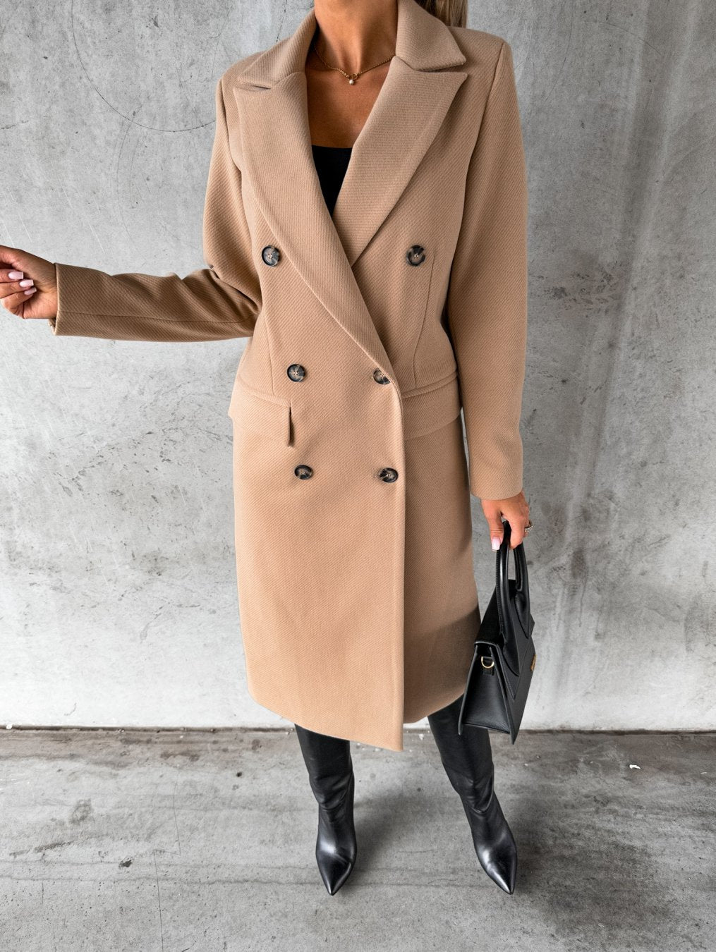 Autumn And Winter Simple Long Sleeve Double Row Button Woolen Coat Women - ALTARIA