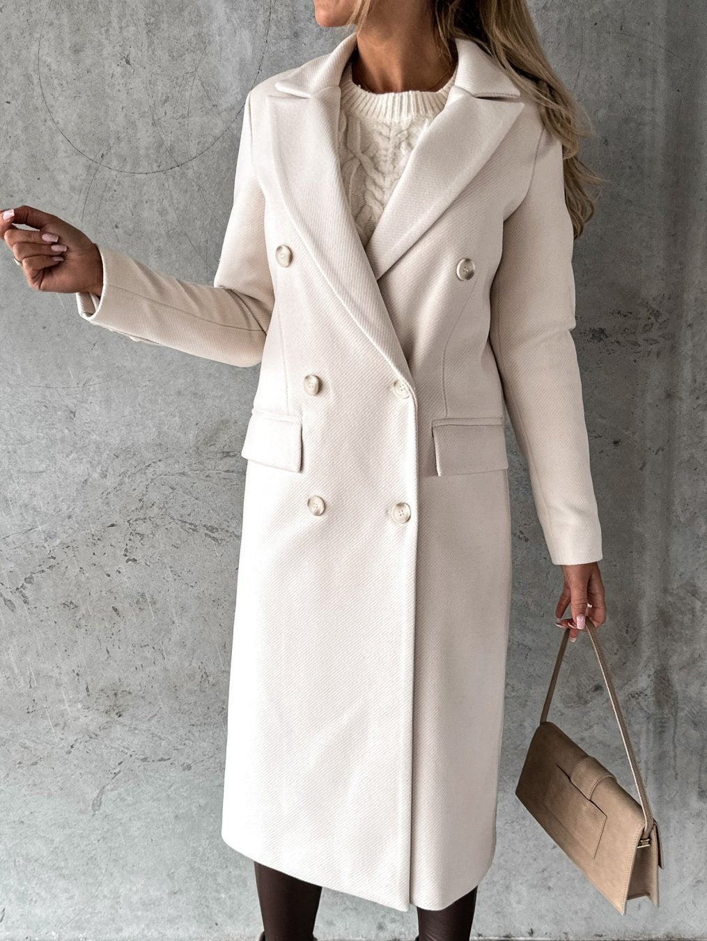 Autumn And Winter Simple Long Sleeve Double Row Button Woolen Coat Women - ALTARIA