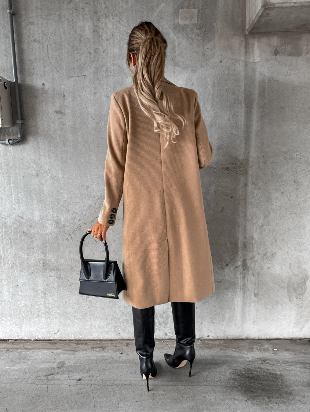 Autumn And Winter Simple Long Sleeve Double Row Button Woolen Coat Women - ALTARIA