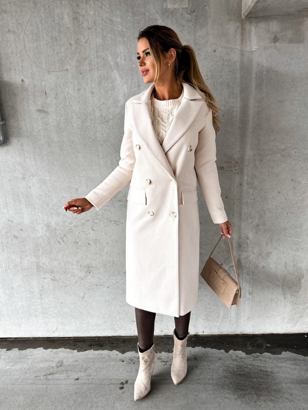 Autumn And Winter Simple Long Sleeve Double Row Button Woolen Coat Women - ALTARIA