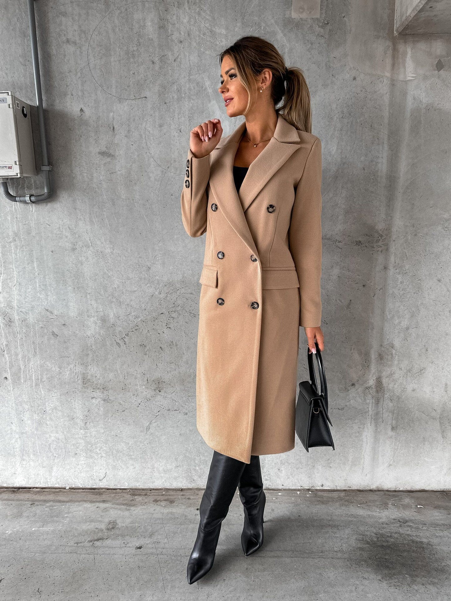 Autumn And Winter Simple Long Sleeve Double Row Button Woolen Coat Women - ALTARIA
