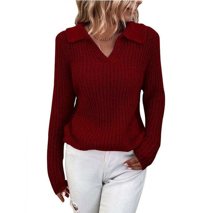 Autumn Winter Sweaters Polo Collar Solid Color Slim Knitted Sweater Women - ALTARIA
