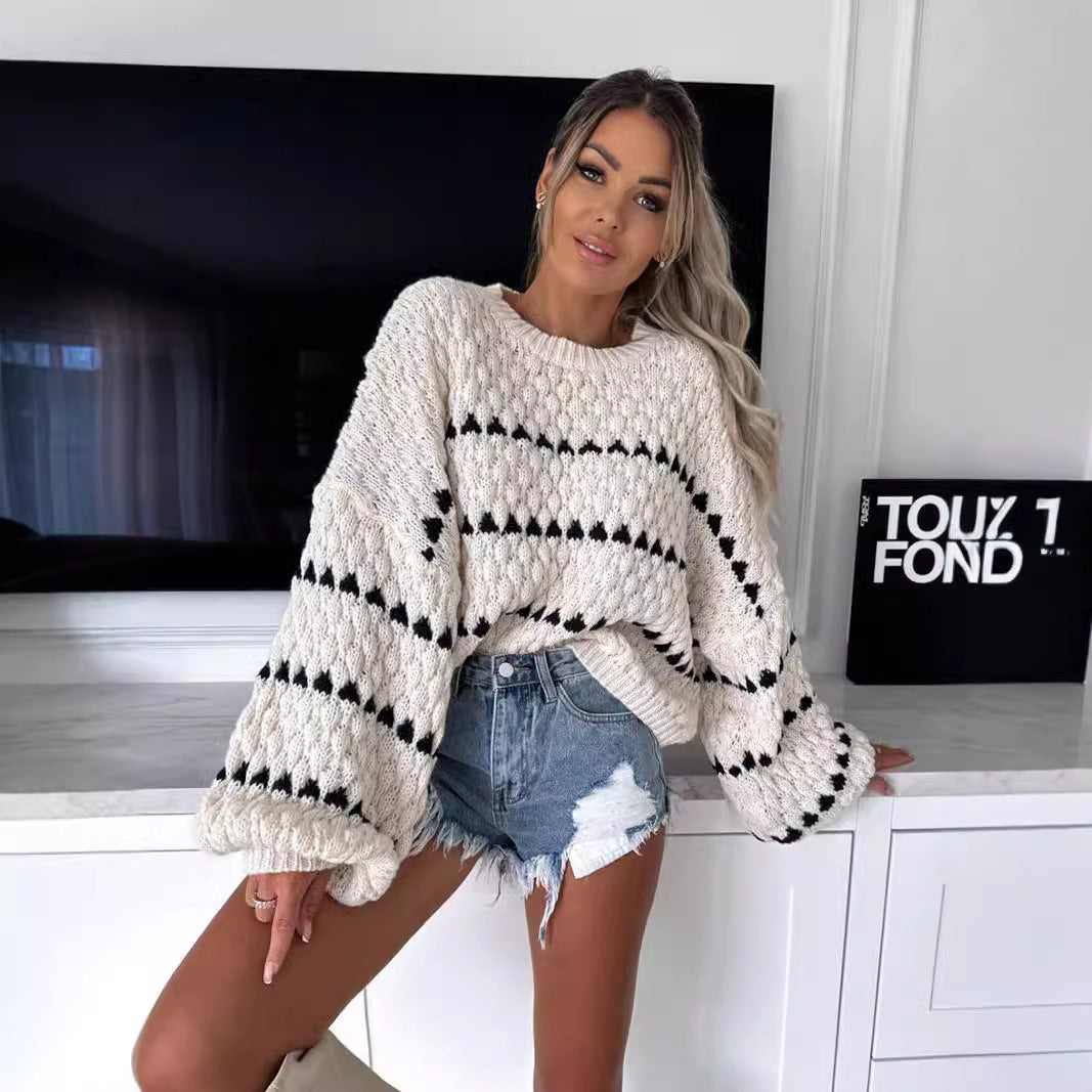 Autumn Winter Sweaters Thick Needle Loose Twist Stripes round Neck Pullover Women - ALTARIA