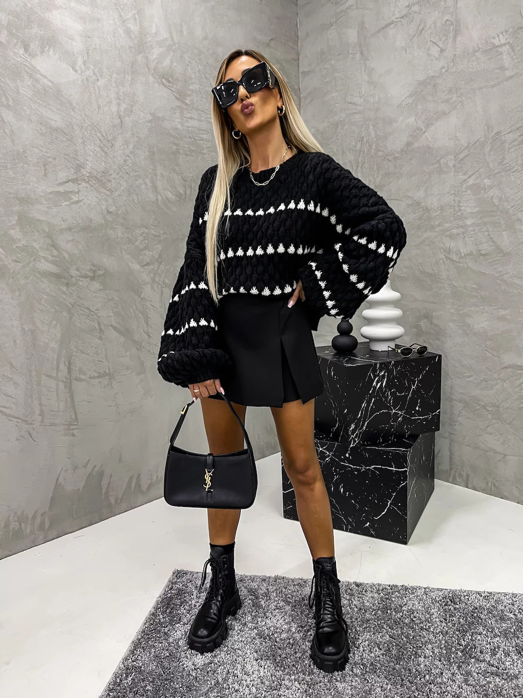 Autumn Winter Sweaters Thick Needle Loose Twist Stripes round Neck Pullover Women - ALTARIA