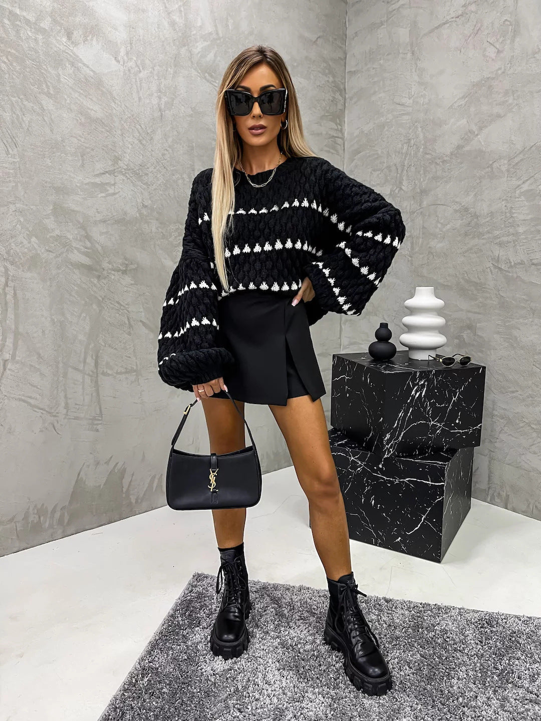 Autumn Winter Sweaters Thick Needle Loose Twist Stripes round Neck Pullover Women - ALTARIA