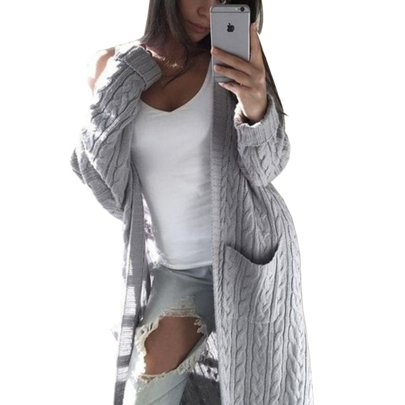 Autumn Winter Wish Knitwear Long Double Pocket Full Body Cable-Knit Sweater Cardigan - ALTARIA
