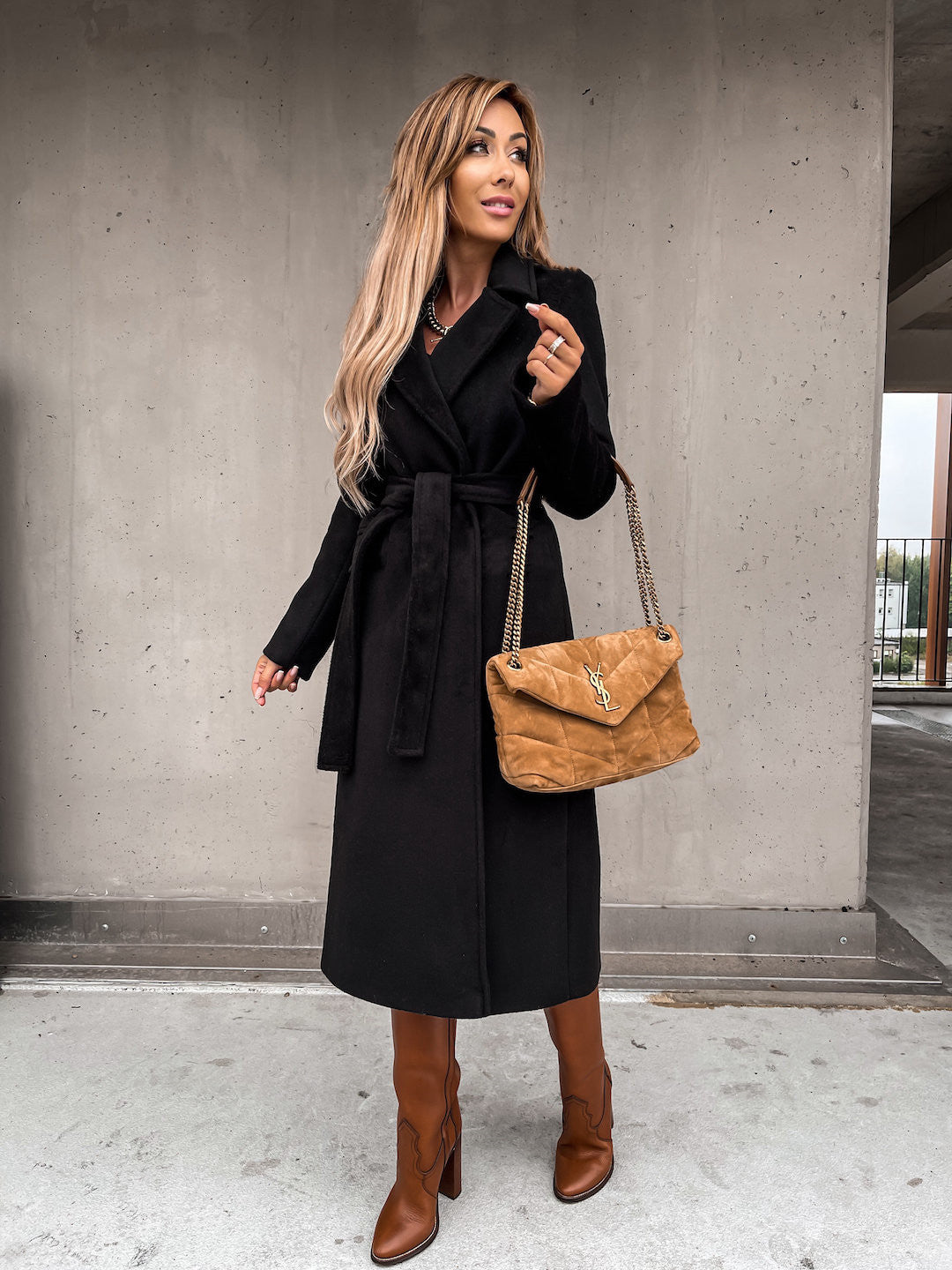 Autumn Winter Women Clothing Solid Color Polo Collar Long Sleeved Woolen Coat Simple Lace up Trench Coat - ALTARIA