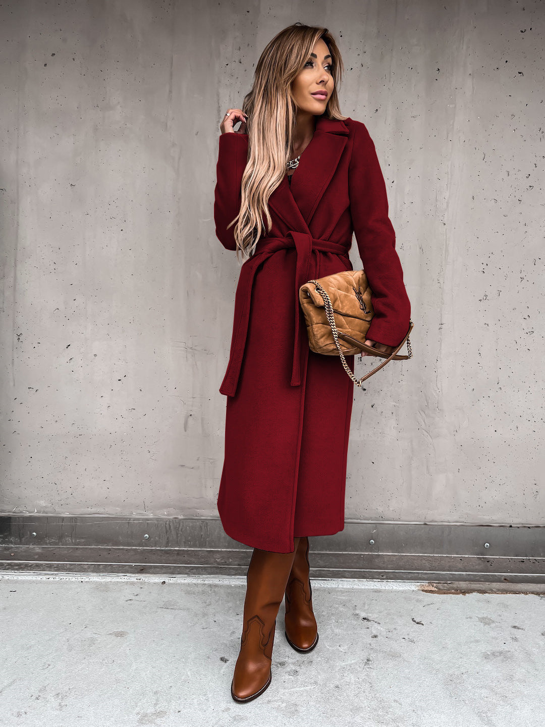 Autumn Winter Women Clothing Solid Color Polo Collar Long Sleeved Woolen Coat Simple Lace up Trench Coat - ALTARIA